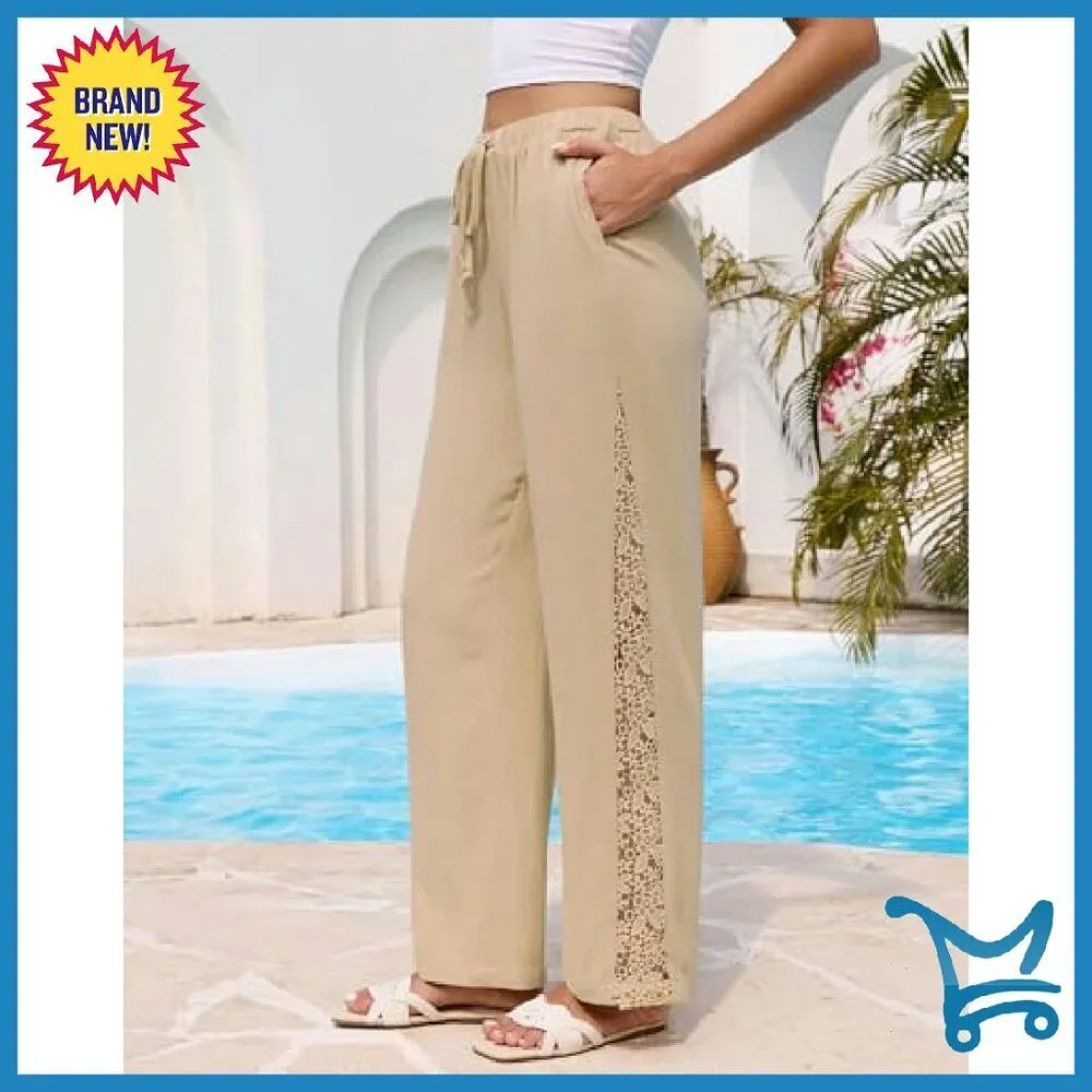 Linen Wide Leg Pants High Waisted Crochet Panel Elastic Waist Summer